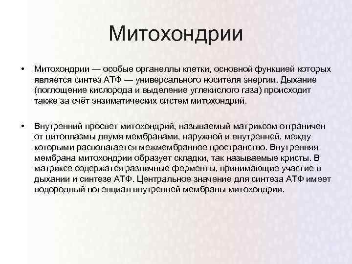 Митохондрии • Митохондрии — особые органеллы клетки, основной функцией которых является синтез АТФ —