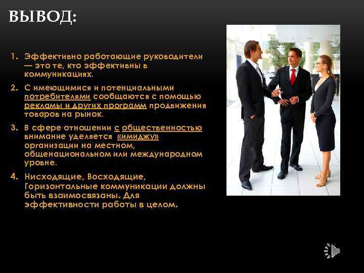 ВЫВОД: 1. Эффективно работающие руководители — это те, кто эффективны в коммуникациях. 2. С