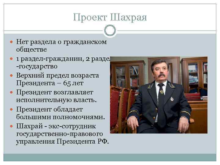 Проект Шахрая Нет раздела о гражданском обществе 1 раздел-гражданин, 2 раздел -государство Верхний предел