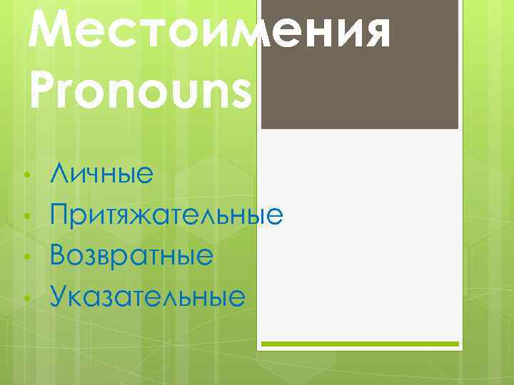 Местоимения Pronouns • • Личные Притяжательные Возвратные Указательные 