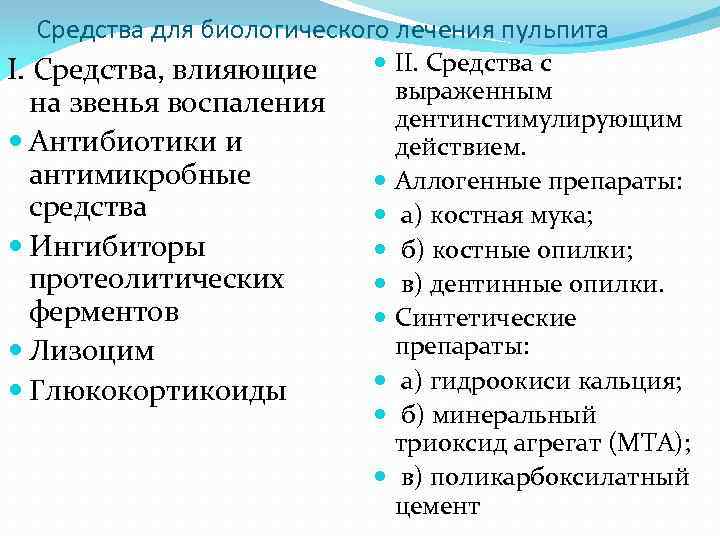 Средства для биологического лечения пульпита I. Средства, влияющие на звенья воспаления Антибиотики и антимикробные