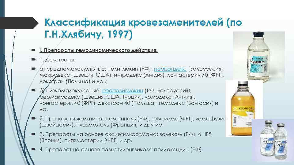 Классификация кровезаменителей (по Г. Н. Хлябичу, 1997) I. Препараты гемодинамического действия. 1. Декстраны: а)