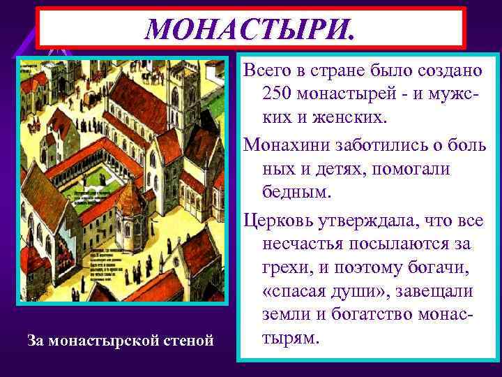 МОНАСТЫРИ. За монастырской стеной Всего в давали обет-отказы. Монахи стране было создано 250 монастырей