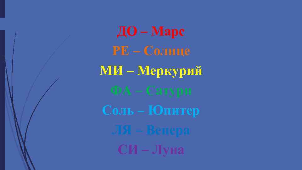 ДО – Марс РЕ – Солнце МИ – Меркурий ФА – Сатурн Соль –