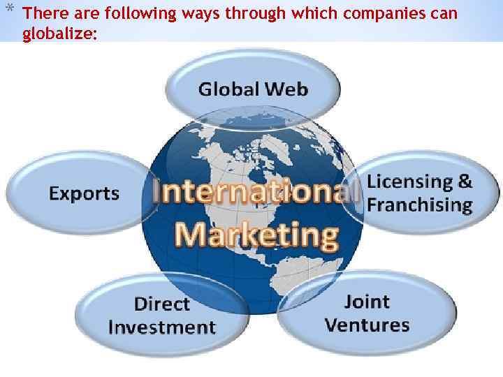 * There are following ways through which companies can globalize: 