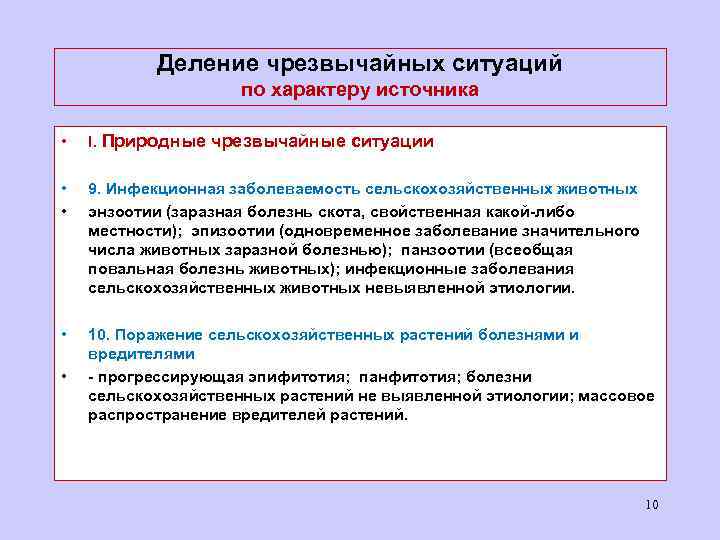 Деление чрезвычайных ситуаций по характеру источника • I. Природные чрезвычайные ситуации • • 9.