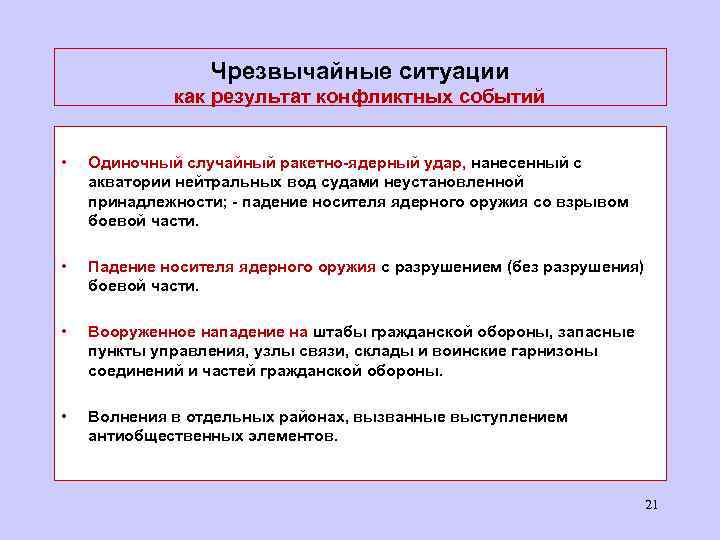 Чрезвычайные ситуации как результат конфликтных событий • Одиночный случайный ракетно-ядерный удар, нанесенный с акватории