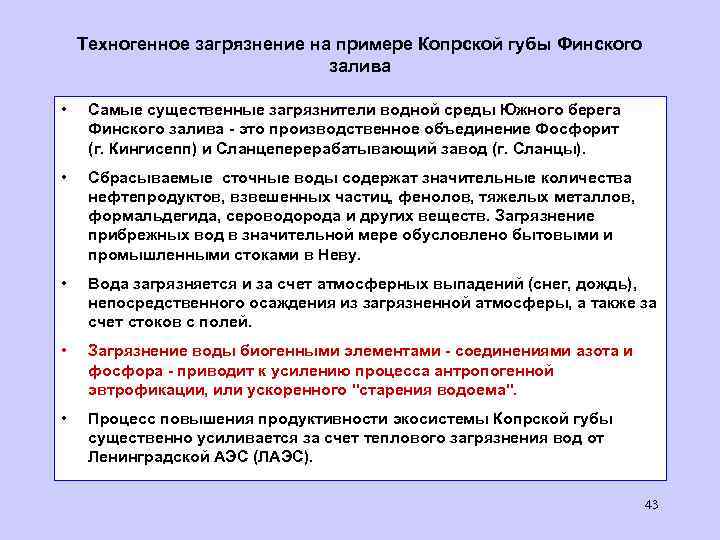 Техногенное загрязнение на примере Копрской губы Финского залива • Самые существенные загрязнители водной среды