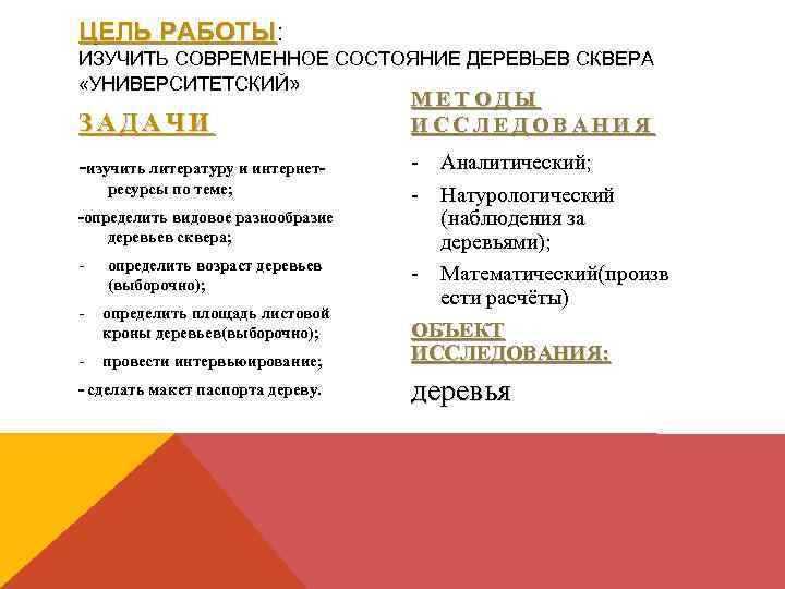 ЦЕЛЬ РАБОТЫ: РАБОТЫ ИЗУЧИТЬ СОВРЕМЕННОЕ СОСТОЯНИЕ ДЕРЕВЬЕВ СКВЕРА «УНИВЕРСИТЕТСКИЙ» ЗАДАЧИ -изучить литературу и интернетресурсы