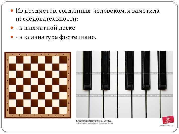  Из предметов, созданных человеком, я заметила последовательности: - в шахматной доске - в