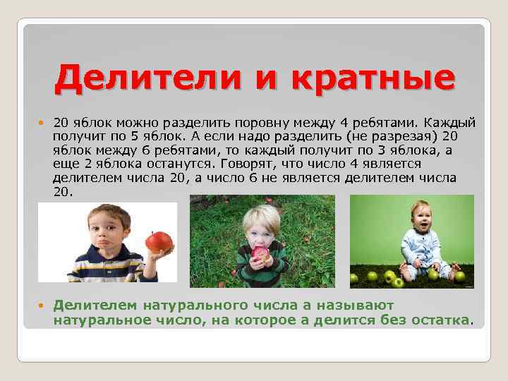 Делители и кратные 20 яблок можно разделить поровну между 4 ребятами. Каждый получит по