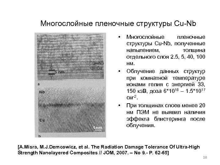 Многослойные пленочные структуры Cu-Nb • • • Многослойные пленочные структуры Cu-Nb, полученные напылением, толщина