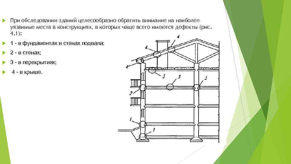  При обследовании зданий целесообразно обратить внимание на наиболее уязвимые места в конструкциях, в