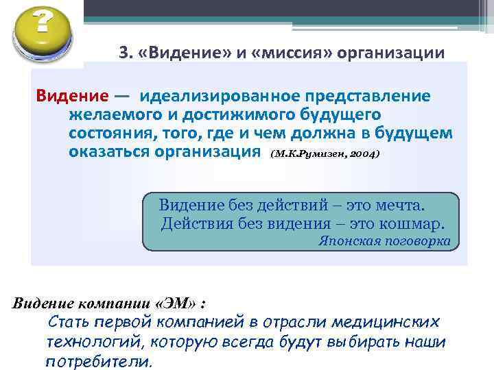 3. «Видение» и «миссия» организации Видение — идеализированное представление желаемого и достижимого будущего состояния,