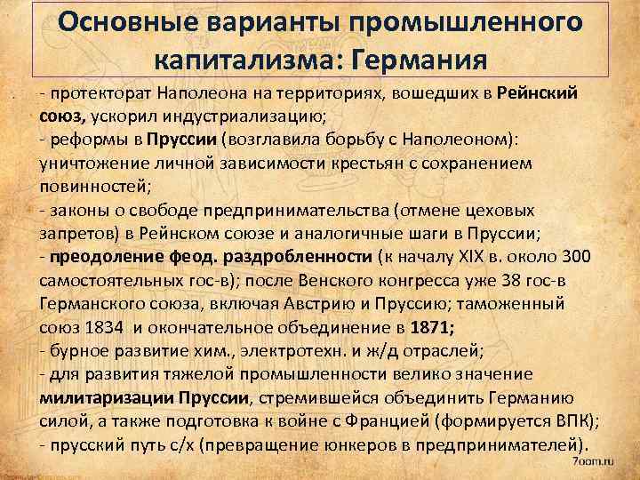 Основные варианты промышленного капитализма: Германия - протекторат Наполеона на территориях, вошедших в Рейнский союз,