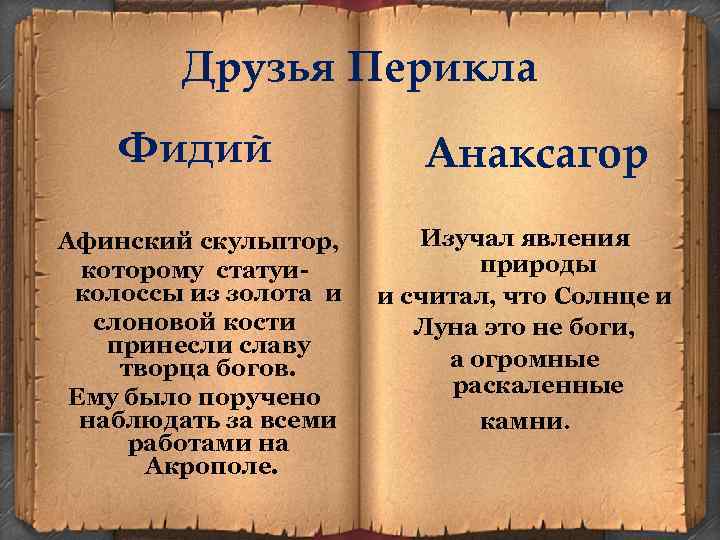 Друзья Перикла Фидий Афинский скульптор, которому статуиколоссы из золота и слоновой кости принесли славу