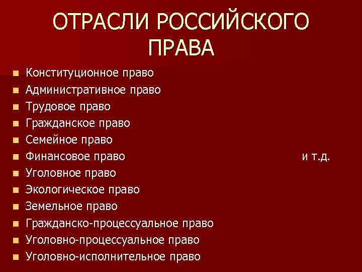 ОТРАСЛИ РОССИЙСКОГО ПРАВА n n n Конституционное право Административное право Трудовое право Гражданское право