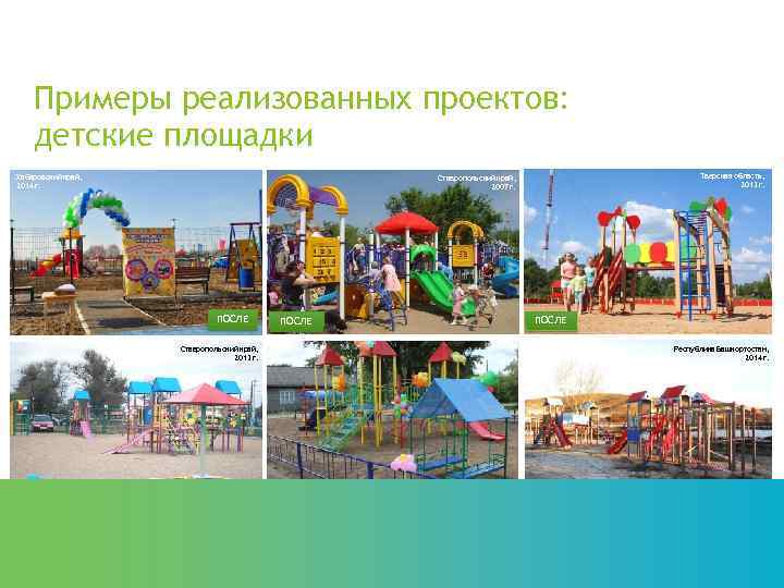 Примеры реализованных проектов: детские площадки Хабаровский край, 2014 г. Тверская область, 2013 г. Ставропольский