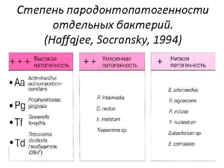 Степень пародонтопатогенности отдельных бактерий. (Haffqjee, Socransky, 1994) 