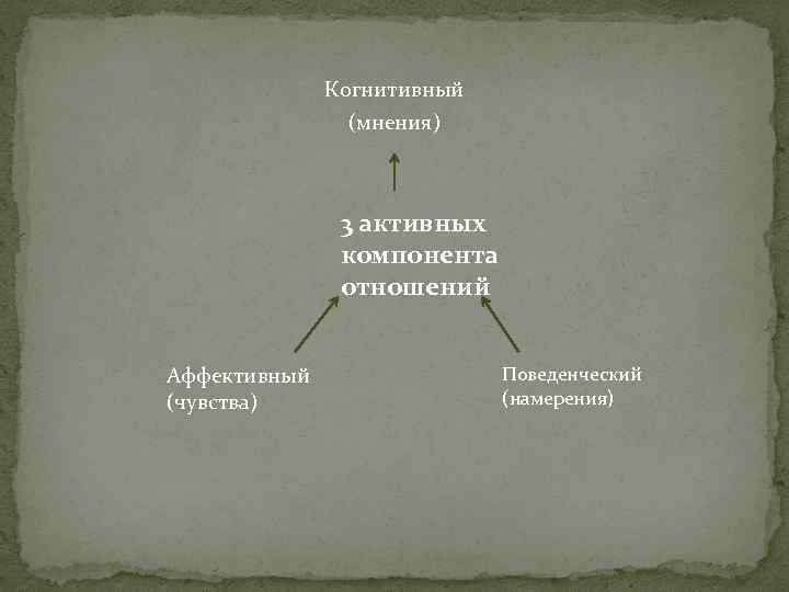 Когнитивный (мнения) 3 активных компонента отношений Аффективный (чувства) Поведенческий (намерения) 