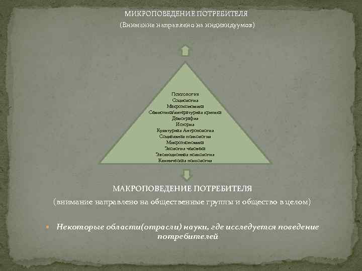 МИКРОПОВЕДЕНИЕ ПОТРЕБИТЕЛЯ (Внимание направлено на индивидуумов) Психология Социология Макроэкономика Семиотика/литературная критика Демография История Культурная