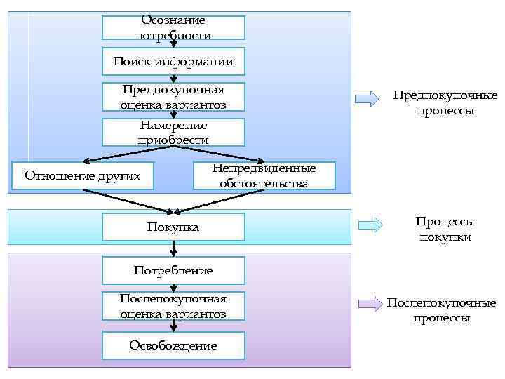 Осознание потребности Поиск информации Предпокупочная оценка вариантов Намерение приобрести Предпокупочные процессы Непредвиденные обстоятельства Отношение