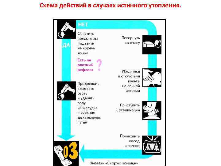Схема действий в случаях истинного утопления. 