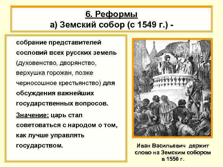 6. Реформы а) Земский собор (с 1549 г. ) собрание представителей сословий всех русских