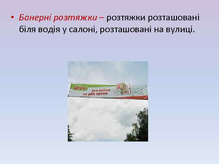  • Банерні розтяжки – розтяжки розташовані біля водія у салоні, розташовані на вулиці.