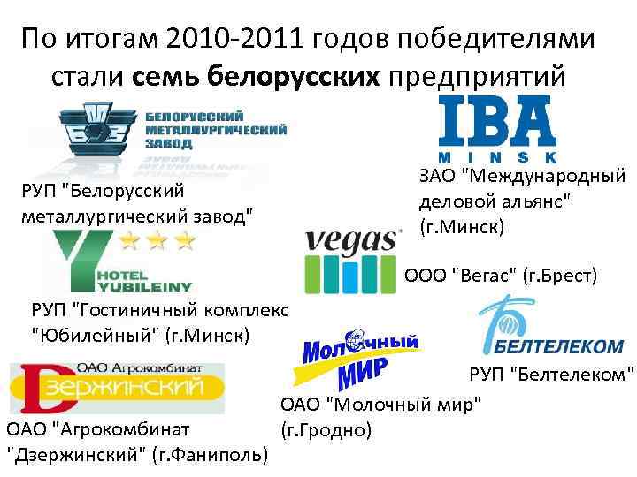 По итогам 2010 -2011 годов победителями стали семь белорусских предприятий ЗАО "Международный деловой альянс"