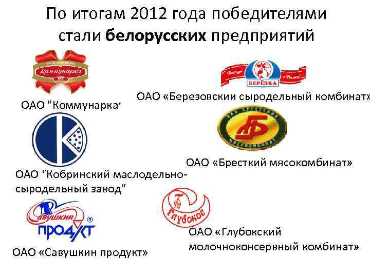 По итогам 2012 года победителями стали белорусских предприятий ОАО "Коммунарка" ОАО «Березовский сыродельный комбинат»