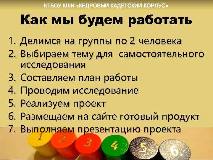 КГБОУ КШИ «КЕДРОВЫЙ КАДЕТСКИЙ КОРПУС» Как мы будем работать 1. Делимся на группы по