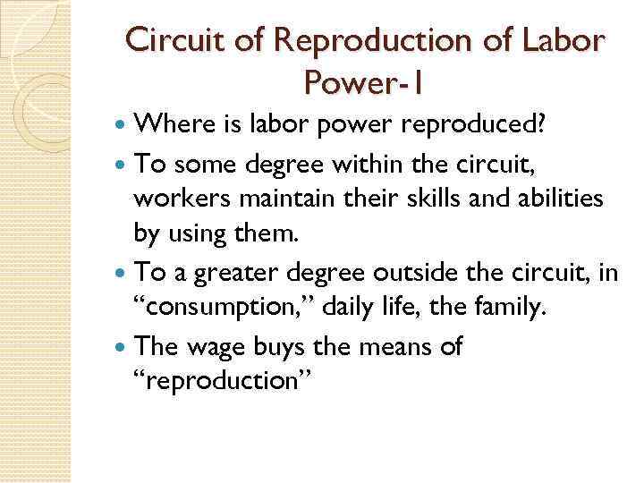 Circuit of Reproduction of Labor Power-1 Where is labor power reproduced? To some degree