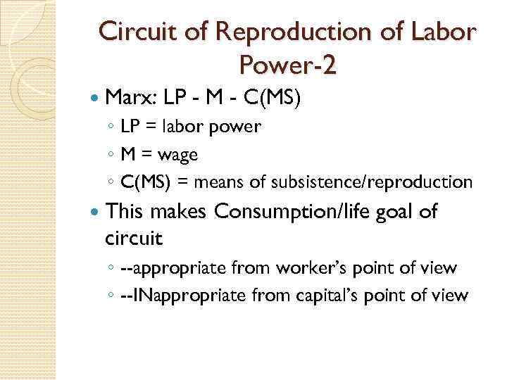 Circuit of Reproduction of Labor Power-2 Marx: LP - M - C(MS) ◦ LP