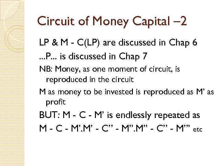 Circuit of Money Capital – 2 LP & M - C(LP) are discussed in