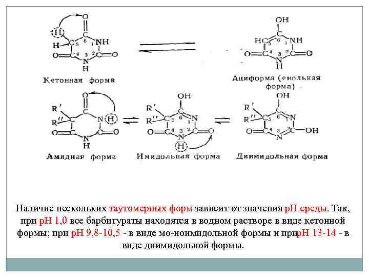 Наличие нескольких таутомерных форм зависит от значения р. Н среды. Так, при р. Н