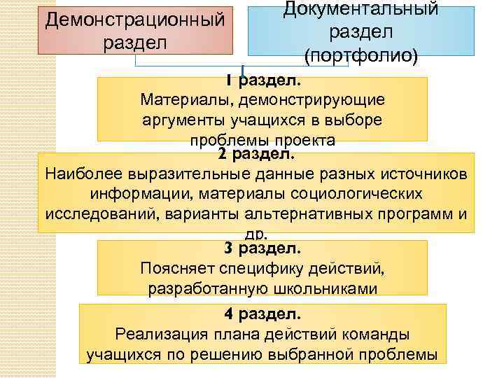 Демонстрационный раздел Документальный раздел (портфолио) 1 раздел. Материалы, демонстрирующие аргументы учащихся в выборе проблемы