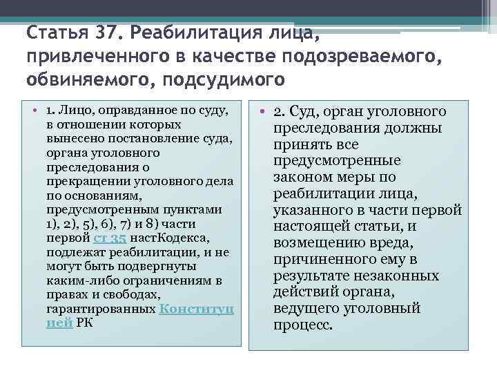 Статья 37. Реабилитация лица, привлеченного в качестве подозреваемого, обвиняемого, подсудимого • 1. Лицо, оправданное