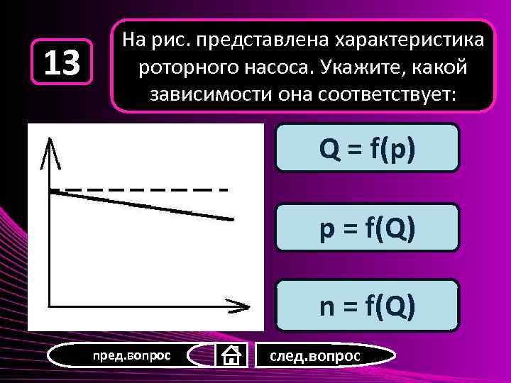 13 На рис. представлена характеристика роторного насоса. Укажите, какой зависимости она соответствует: Q =