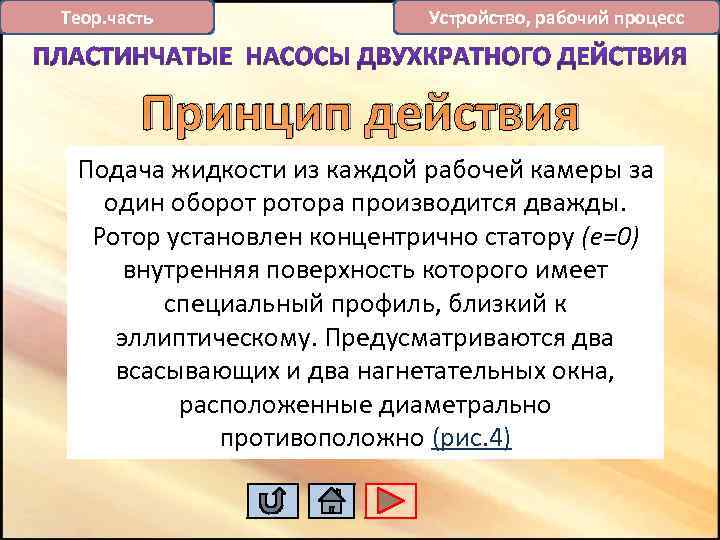 Теор. часть Устройство, рабочий процесс Принцип действия Подача жидкости из каждой рабочей камеры за