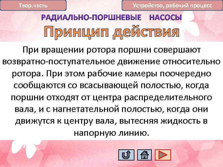 Теор. часть Устройство, рабочий процесс Принцип действия При вращении ротора поршни совершают возвратно-поступательное движение
