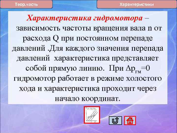 Теор. часть Характеристики Характеристика гидромотора – зависимость частоты вращения вала n от расхода Q