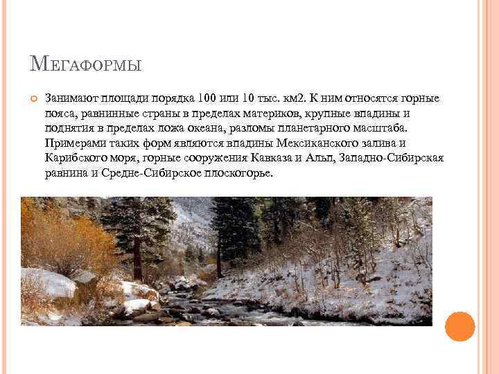 МЕГАФОРМЫ Занимают площади порядка 100 или 10 тыс. км 2. К ним относятся горные