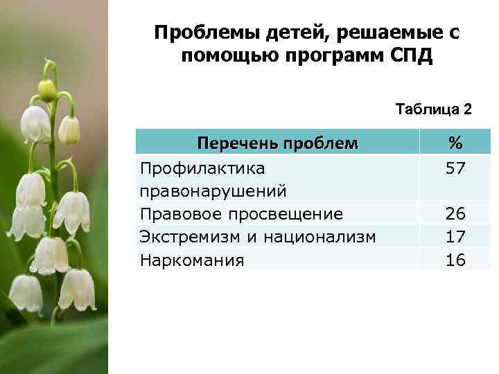 Проблемы детей, решаемые с помощью программ СПД Таблица 2 Перечень проблем Профилактика правонарушений Правовое