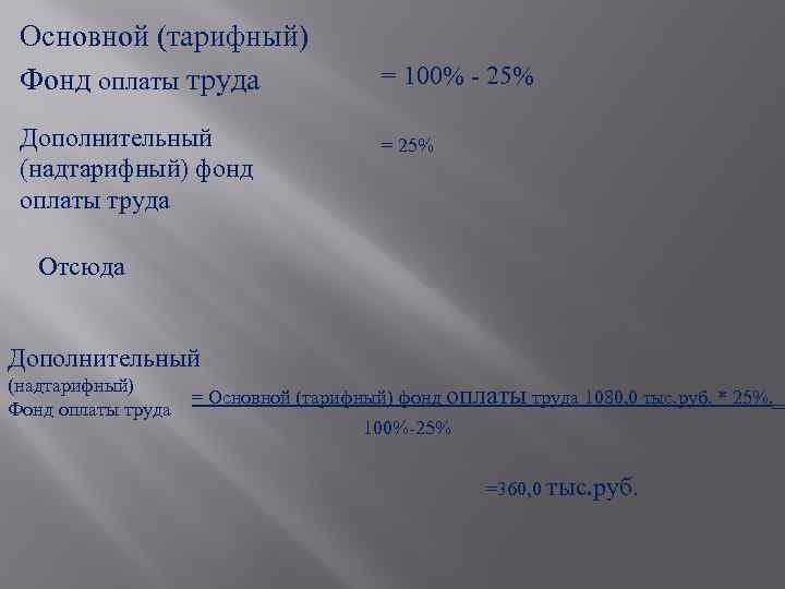 Основной (тарифный) Фонд оплаты труда Дополнительный (надтарифный) фонд оплаты труда = 100% - 25%