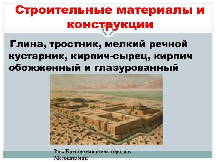 Строительные материалы и конструкции Глина, тростник, мелкий речной кустарник, кирпич-сырец, кирпич обожженный и глазурованный