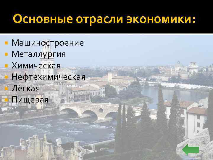 Основные отрасли экономики: Машиностроение Металлургия Химическая Нефтехимическая Лёгкая Пищевая 