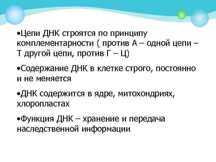  • Цепи ДНК строятся по принципу комплементарности ( против А – одной цепи