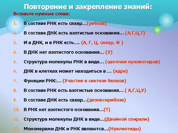 Повторение и закрепление знаний: Вставьте нужные слова: 1. В составе РНК есть сахар…(рибоза) 2.