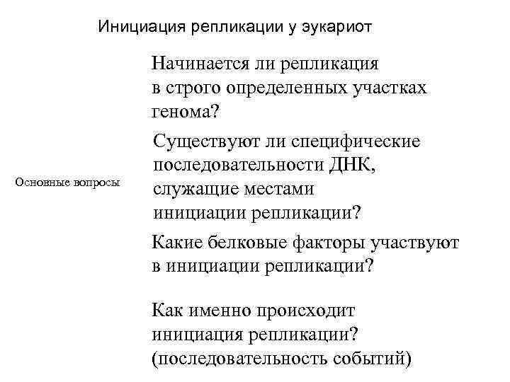 Инициация репликации у эукариот Начинается ли репликация в строго определенных участках генома? Основные вопросы